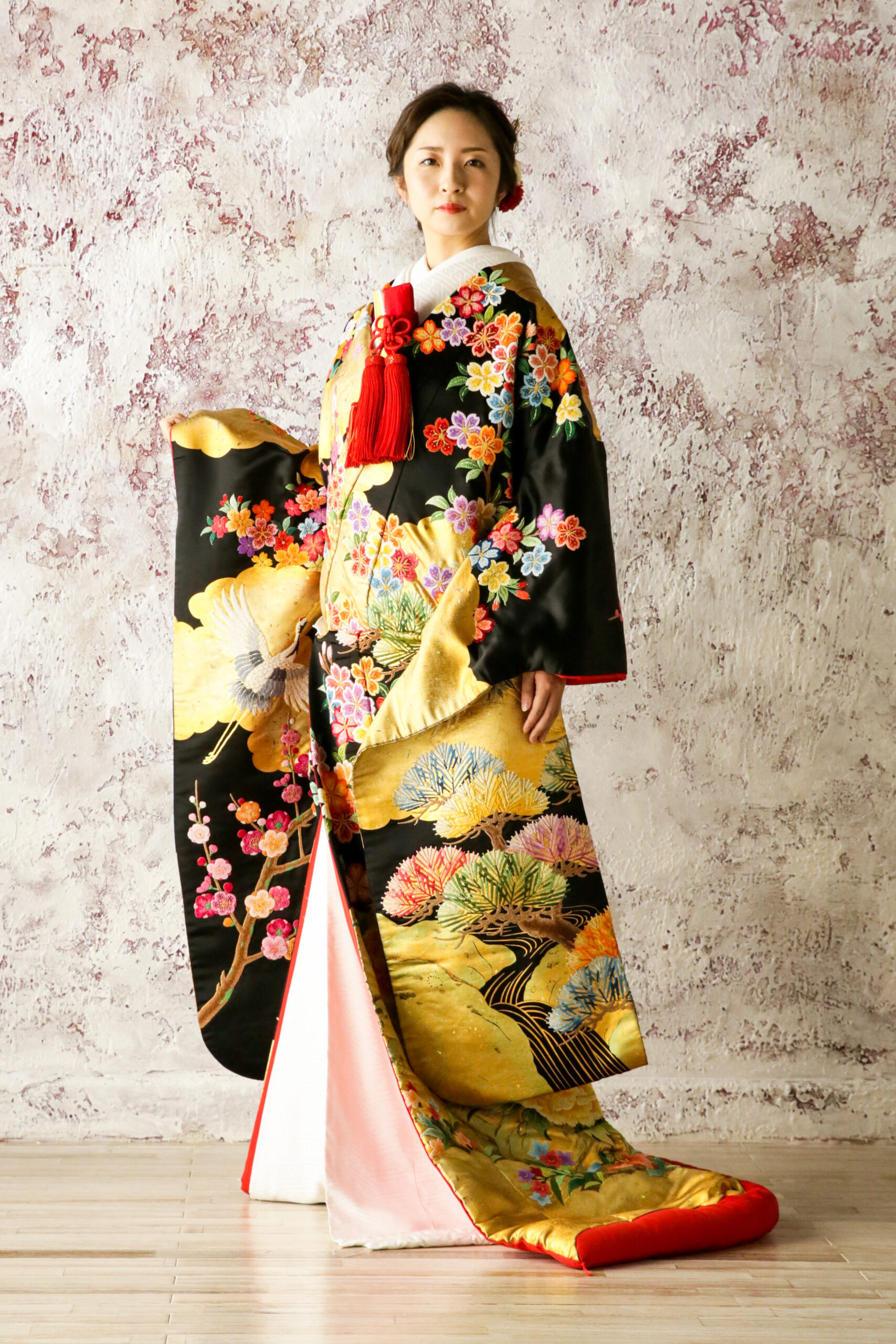 JUK042　雲取花と鶴に金慶